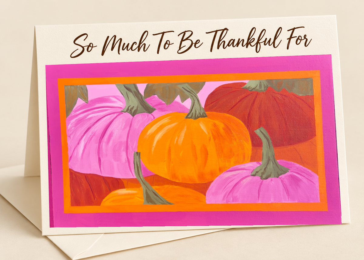 Pink pumpkin greeting card printed from an original oil painting by Becky Potter, for the Cards Worth Keeping monthly subscription