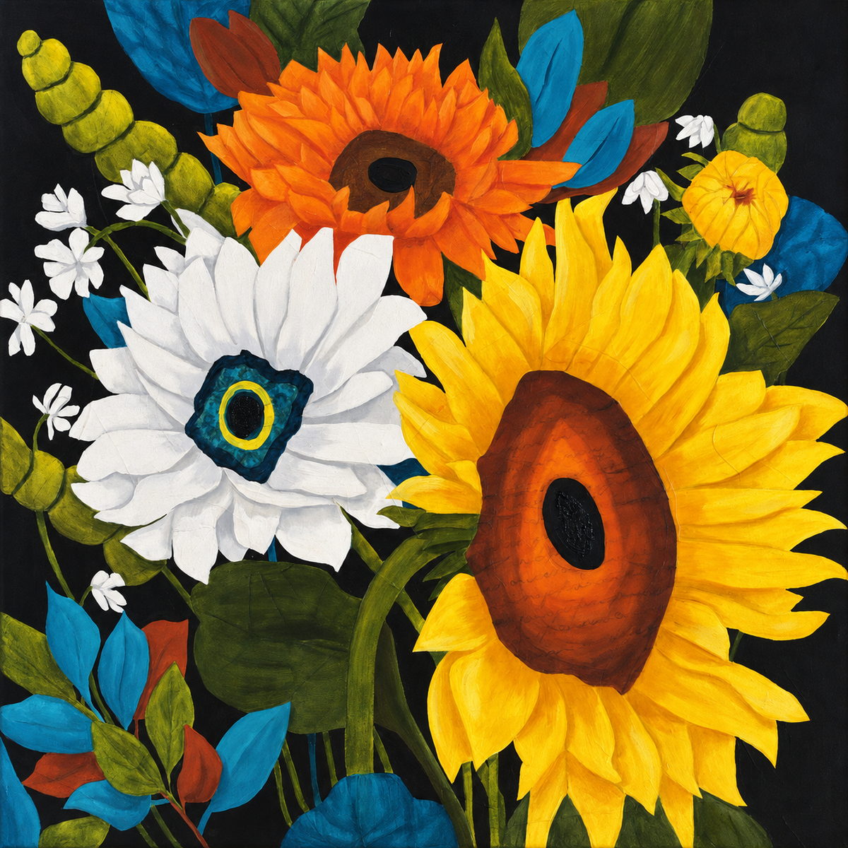 Sunflower painting 'The More the Merrier' with a white daisy and orange bloom on a dark background, by Becky Potter
