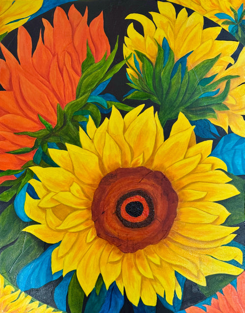 Sunflower painting 'A Good Day to Be Here' in a dark oval with orange and gold blooms, watercolor and oil on canvas, by Becky Potter