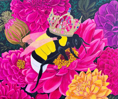 Mixed media painting of a bumblebee resting among zinnias, 'As You Wish,' on canvas, by Becky Potter