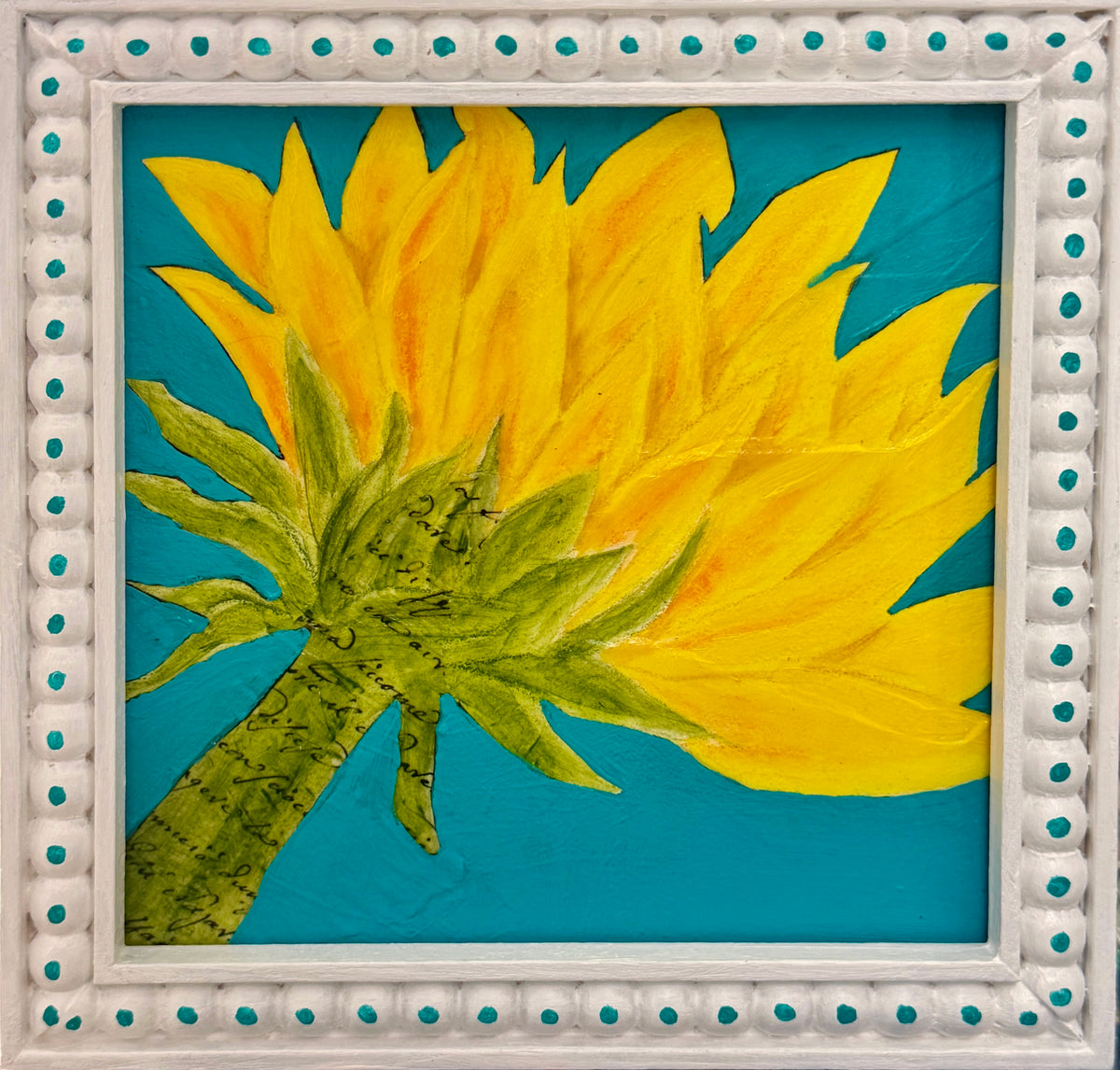 Small sunflower painting 'Turn Toward the Light' on wood panel with a hand-embellished frame, by Becky Potter