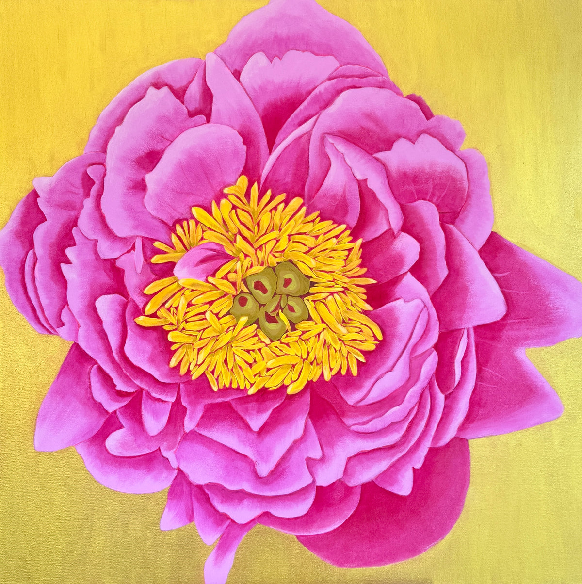 Peony oil painting 'Golden Grace' with pink petals and gold leaf on gallery-wrapped canvas, by Becky Potter