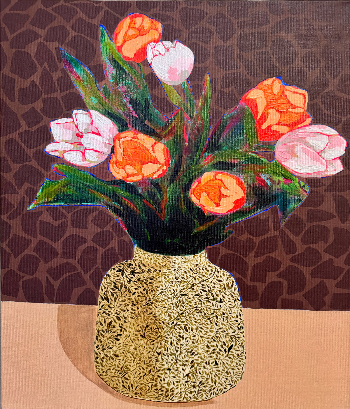 Acrylic painting of tulips, 'Gathered Joy,' in pink and coral on gallery-wrapped canvas, by Becky Potter