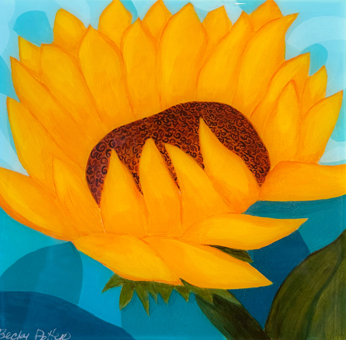 Small sunflower painting 'Bright Hope' with a glossy resin finish against a blue background, on wood panel, by Becky Potter