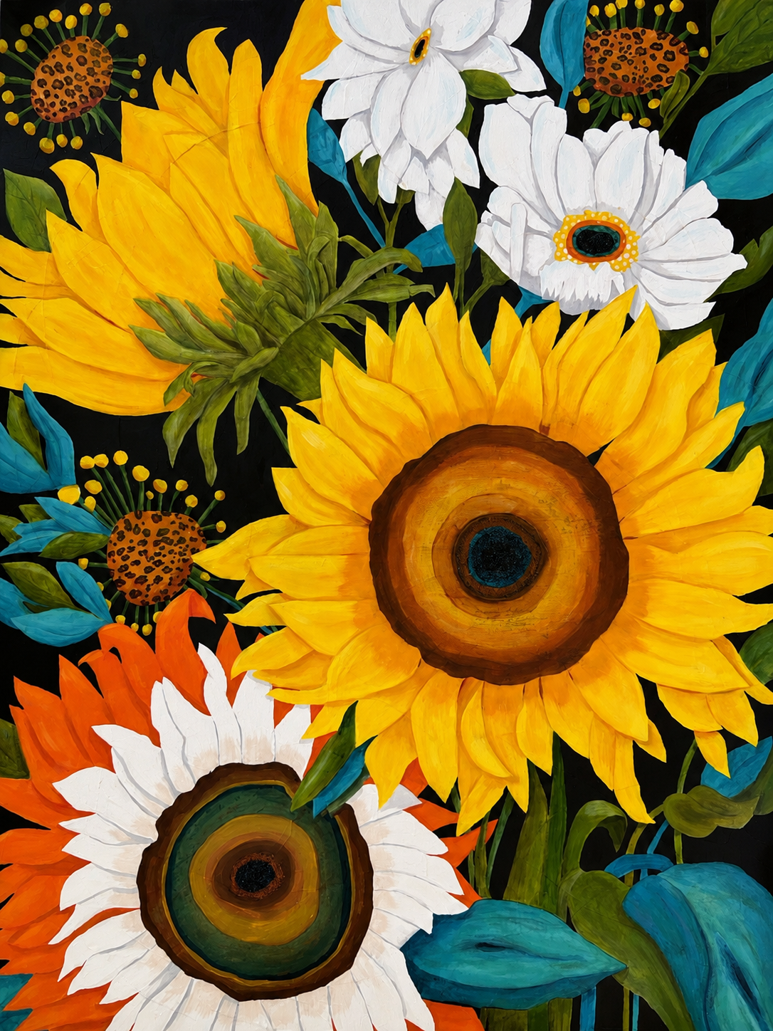 Large sunflower painting 'Sunday Morning Mimosas' with daisies and teal leaves on a dark background, by Becky Potter