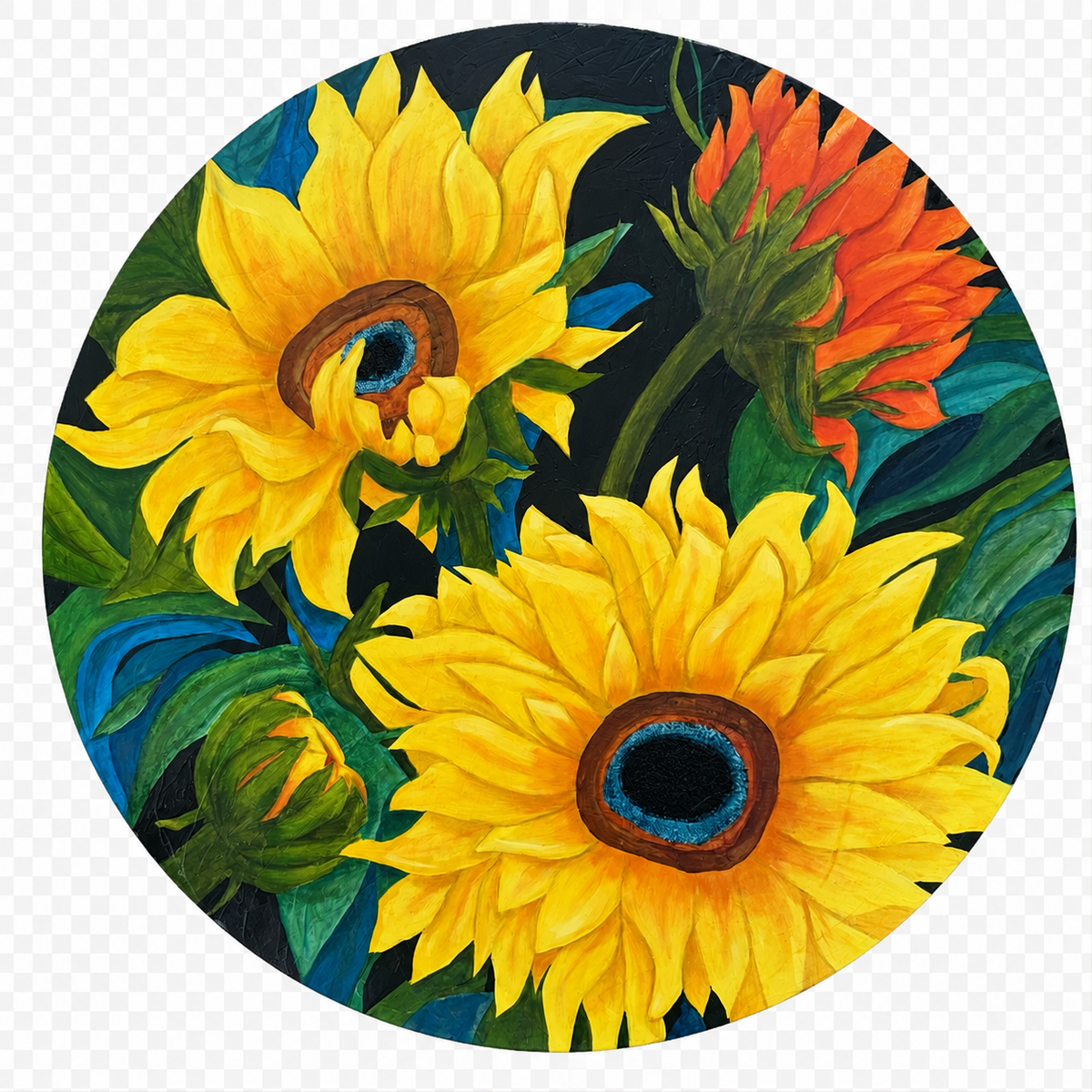 Round sunflower painting 'The Shape of Joy' in gold, orange and teal on birch panel, by Becky Potter